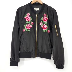 Charlotte Russe Womens Bomber Jacket L Black Pink Roses Fairygrunge Whimsigoth